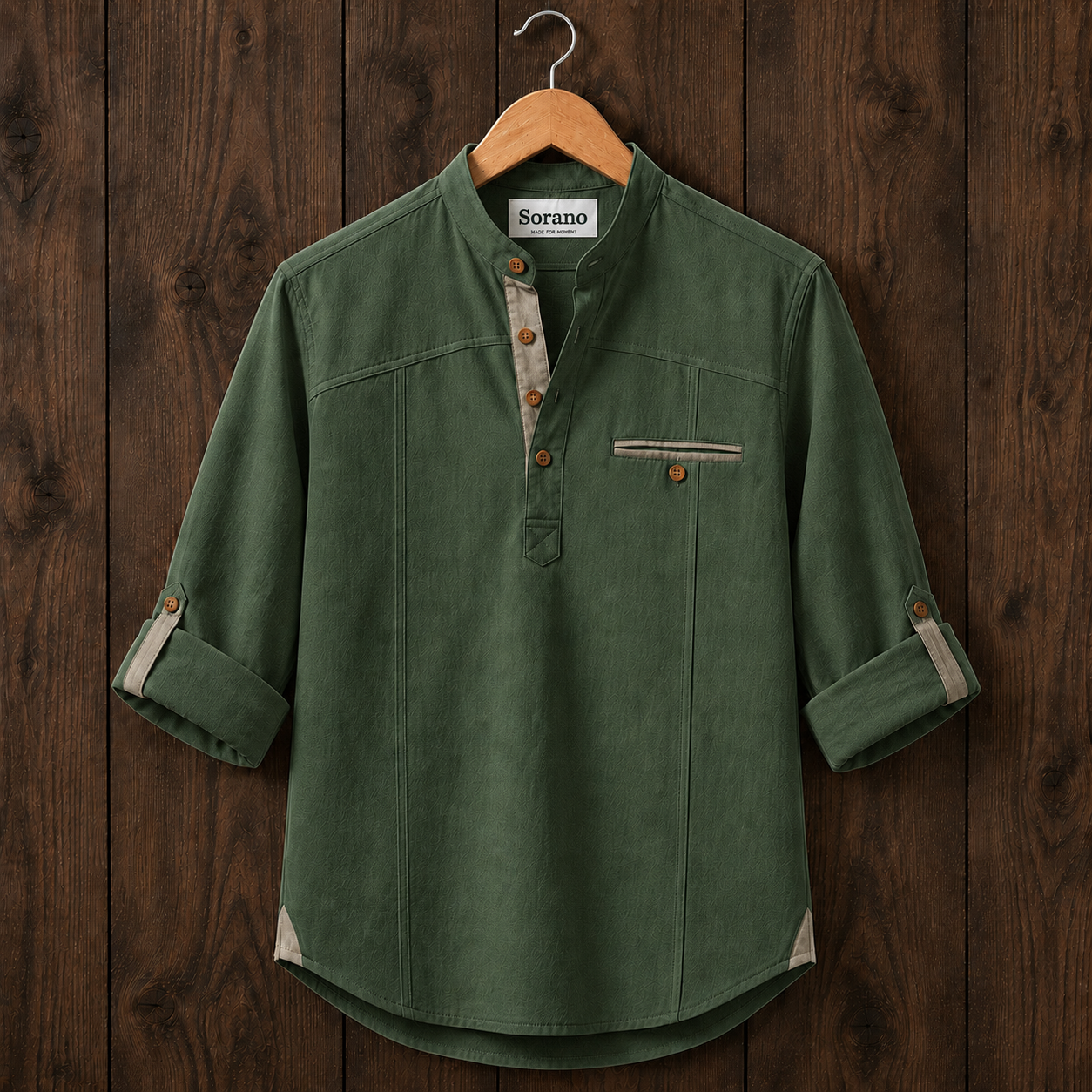 Mens Short Cotton Full Sleeve Shirt TTMSK141 - Green